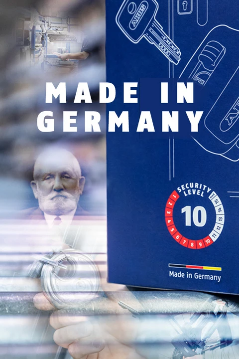 A photo collage showing several ABUS products "Made in Germany" and the founder August Bremicker. ©ABUS A photo collage showing several ABUS products "Made in Germany" and the founder August Bremicker. ©ABUS