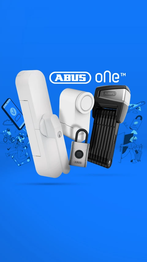 Illustrationen und Produkte (WINTECTO, LOXERIS, EVEROX, BORDO One) vor blauem Hintergrund © ABUS Illustrationen und Produkte (WINTECTO, LOXERIS, EVEROX, BORDO One) vor blauem Hintergrund © ABUS