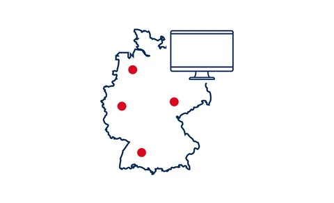 Deutschlandkarte mit weit verstreuten Markierungen: die zentrale Verwaltung des TECTIQ-Systems fasst die Zutrittsberechtigungen an verschiedenen Standorten zusammen.