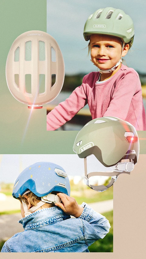 Kinderhelm Smiley 3.0 ACE LED in verschiedenen Ansichten, getragen von Kindern und mit leuchtendem LED-Rücklicht © ABUS Kinderhelm Smiley 3.0 ACE LED in verschiedenen Ansichten, getragen von Kindern und mit leuchtendem LED-Rücklicht © ABUS